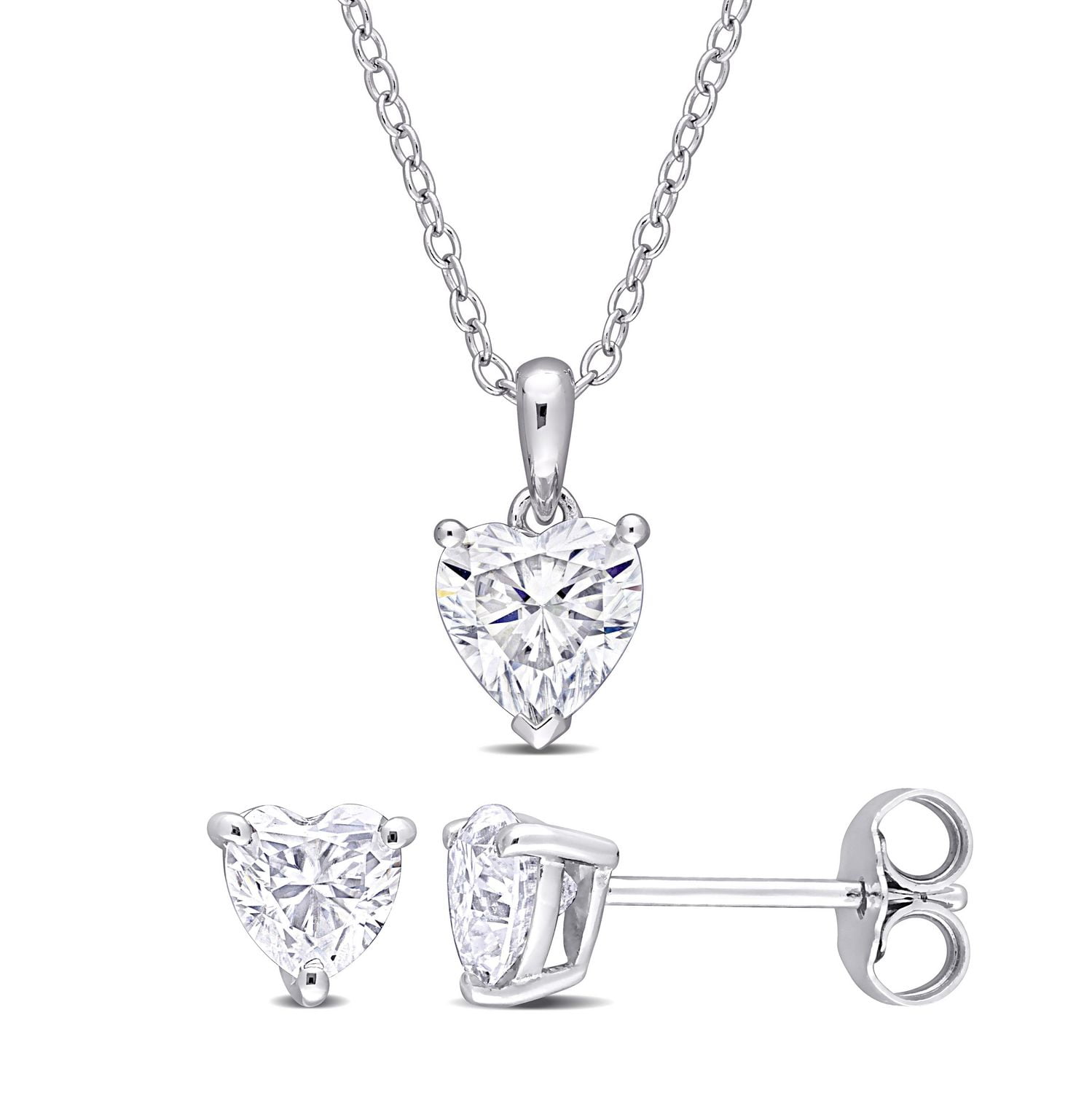 Miabella Ensemble 2 pièces de cœur boucles d'oreilles et collier solitaire en argent sterling avec moissanite 2 carats p.g.t.