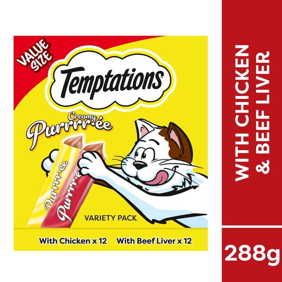 Temptations Creamy Purée Lickable Cat Treats for Adult Cats – Chicken & Beef Liver Flavor, 24 Count Tubes