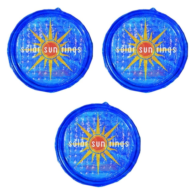 Solar Sun Rings UV Resistant Pool & Spa Heater Circle Solar Cover (3 Pack) featuring three circular blue solar covers with a sunburst design and the Solar Sun Rings logo. These covers are designed to use sunlight to heat pools during the day and retain heat at night with a thermal blanket effect. They reduce water and chemical evaporation, include drainage grommets to prevent sinking, and are easy to install and remove. Each ring measures 60 inches in diameter and is suitable for use with automatic pool cleaners.