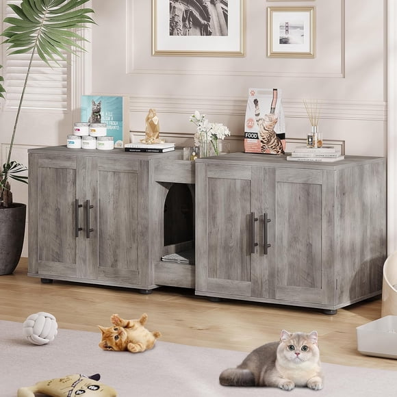 Cat Litter Box Enclosure for 2 Cats, Furniture with Double Room,Hidden Double Litter Box Enclosure Furniture,Cabinet with Scratching Pad,Grey