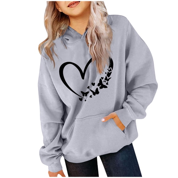 Milgrthf Tween Girls Heart Print Sweatshirts Casual Cute Long Sleeve Crew Neck Sport Pullover Tops Gray 7 Years
