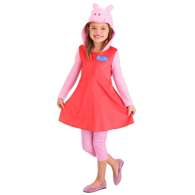 Peppa Pig's Costume à Manches Longues pour Filles Conçu comme un Costume d'Halloween. Comprend une Robe Rouge Sans Manches Style sur des Manches Longues Roses et des leggings, une Capuche à Dos en Mousse avec le Museau, des Oreilles et des Yeux Imprimés de Peppa Pig's, et une Queue en Spirale Attachée au Dos. Fabriqué en Velours de polyester et des Tissus Tricotés en jersey avec une Fermeture à Crochet et Boucle. sous Licence Officielle.
