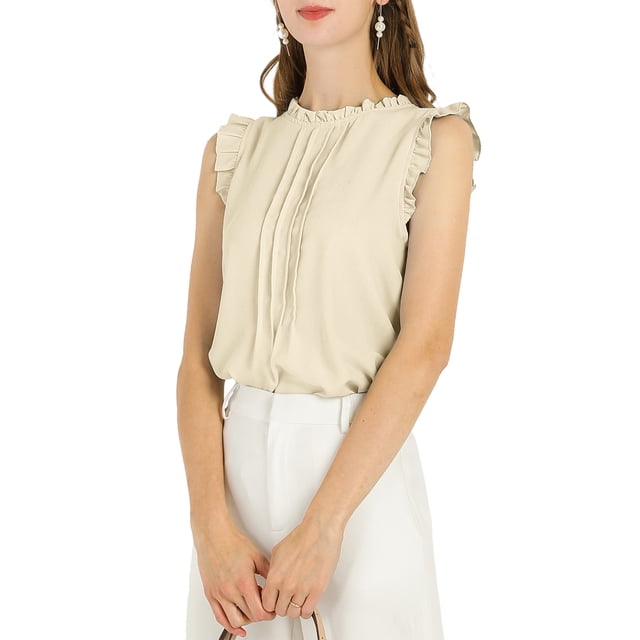 INSPIRE CHIC Blouse Sans Manches pour Femme, à Volants, Plissée, Blouse CHIC pour le Travail, m Beige