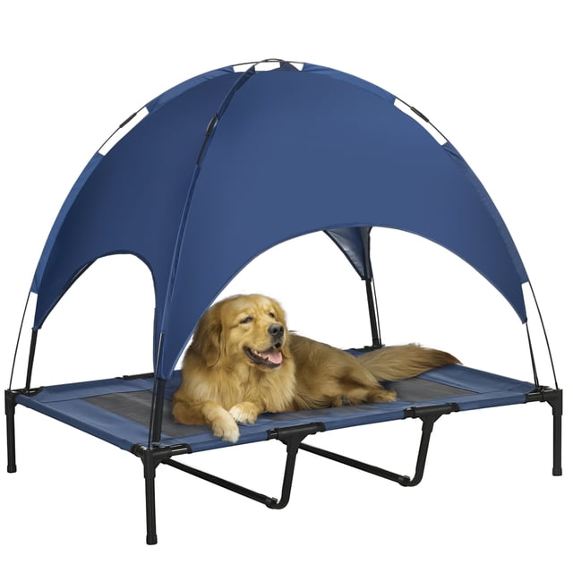 PawHut Elevated Cooling Pet Bed with Canopy for XL Sized Dogs in dark blue. This elevated dog bed features a powder-coated steel frame with four stable feet, breathable polyester fabric, and mesh for airflow. Includes a canopy for sun protection and a carry bag for portability. Ideal for XXL dogs up to 110 lbs, promoting comfort and cooling.