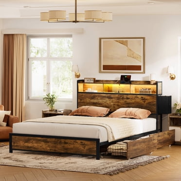 GUNAITO Queen Bed Frame with Storage Headboard, 2 Drawers, Rustic Brown