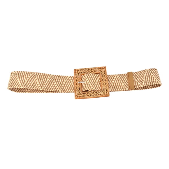 Belt Women Woven Elastic Casual Summer Striped Printed Belt Stretch Skinny Belt With Wooden Buckle Belt