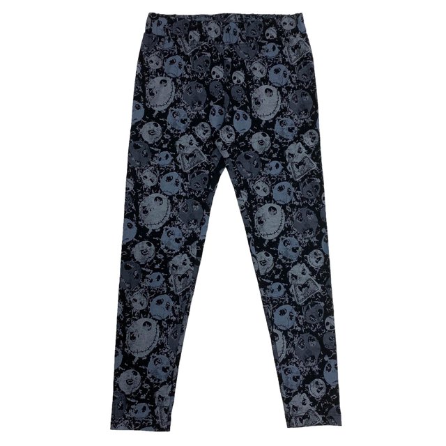 Ladies leggings with an all-over print of Nightmare Before Christmas character faces in black and gray tones.