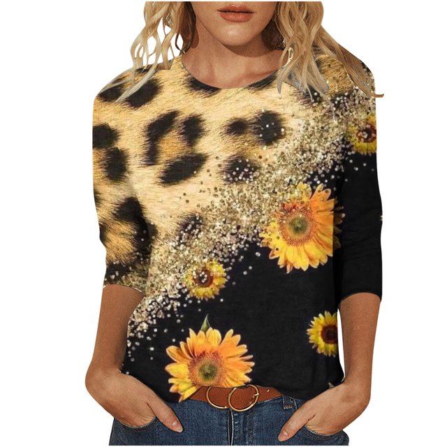Pompotops T-shirt Ample à Imprimé Léopard pour Femme, Manches 3/4, Col Rond, Haut Décontracté, Liquidation