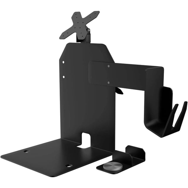 CTA Digital Dual VESA Compatible Plate POS Station with Printer Stand, Magnetic Scanner Holder, and Card Reader Holder in black steel, featuring dual VESA 75x75 and 100x100 mounting plates, a reserved flat base for a receipt printer, an adjustable metal bracket for flexible mounting, and magnetic, width-adjustable holders for scanner and card reader, suitable for retail and warehouse POS environments.