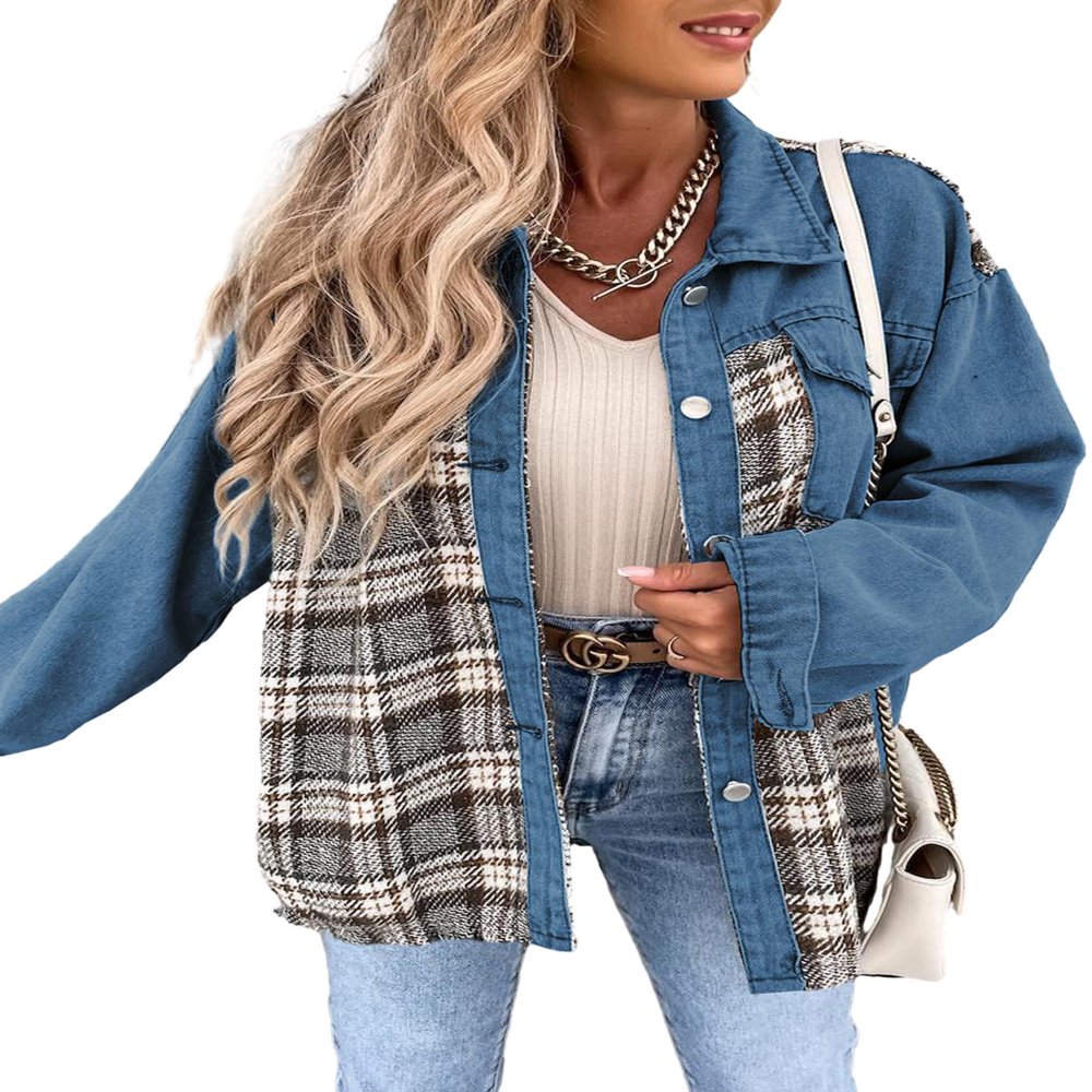 SHEWIN Women‘s Denim Jacket Plaid Patchwork Shacket Long Sleeve Button Down Oversized Jean Jacket Coat Green