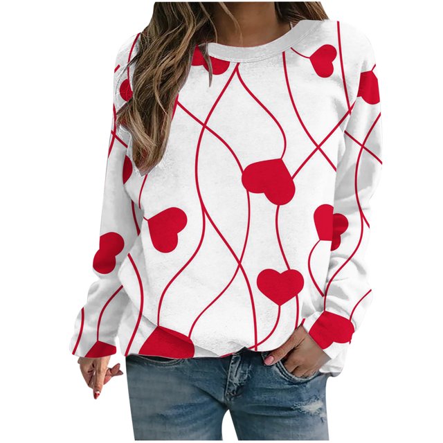 VALMASS Chandails en Molleton de la Saint-Valentin pour Femmes Manches Longues Col Rond Décontracté Mode Ample Blouses (S, Blanc-g)