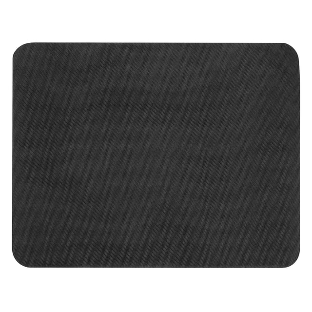 Onn. Smooth Surface Mouse Pad with Non-slip Rubber Backing in solid black, rectangular with rounded corners, featuring a smooth fabric surface for precise cursor control and a rubber anti-slip base for stability, compatible with most mice and suitable as a desktop writing surface.