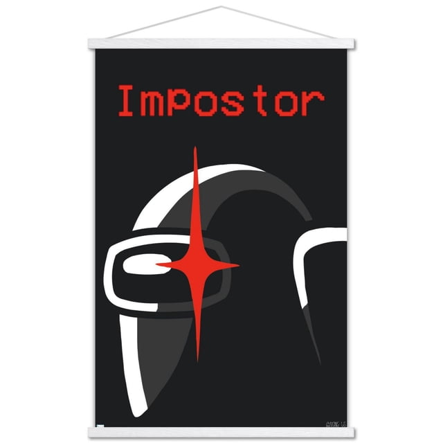 Among Us - Impostor Wall Poster, 22.375" x 34", displaying a centered close-up of a black crewmate helmet with white outline and a red star-shaped glare on the visor, with pixelated red 'Impostor' text above on a black background, printed on glossy paper with adhesive mounts for easy hanging, suitable for decorating bedrooms, offices, or gaming spaces.