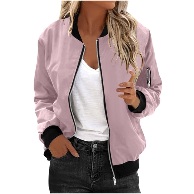 Womens Fashion Jacket Casual Stand Collar Zip Up Lightweight Coat Fall Color Block Jackets with Pockets Pink L