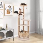 Harmijoy 65" Arbre de chat, Tour de chat multi-niveaux avec des poteaux de scratching de jute, Panier de queue de chat & Perch, Balles de danse, Centre d'activités Condo en peluche pour les chats intérieurs, Beige & Naturel