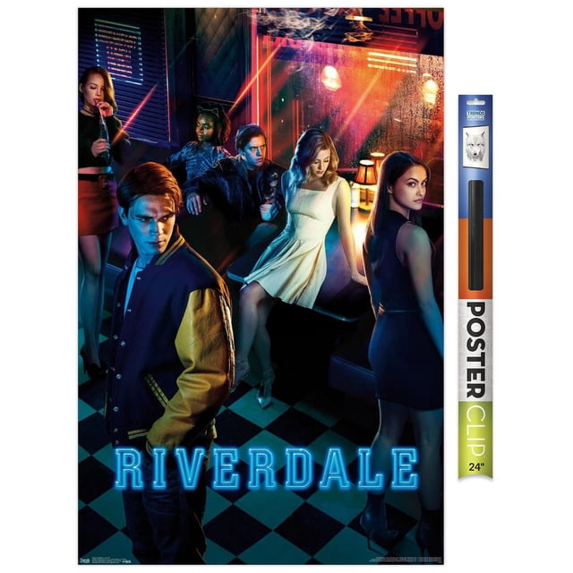 Riverdale - Key Art Wall Poster, 22.375" x 34" depicting a group of young adults in a retro diner with black and white checkered floor, neon blue 'RIVERDALE' text at the bottom, warm ambient lighting from a table lamp and window reflections, printed on glossy poster paper.