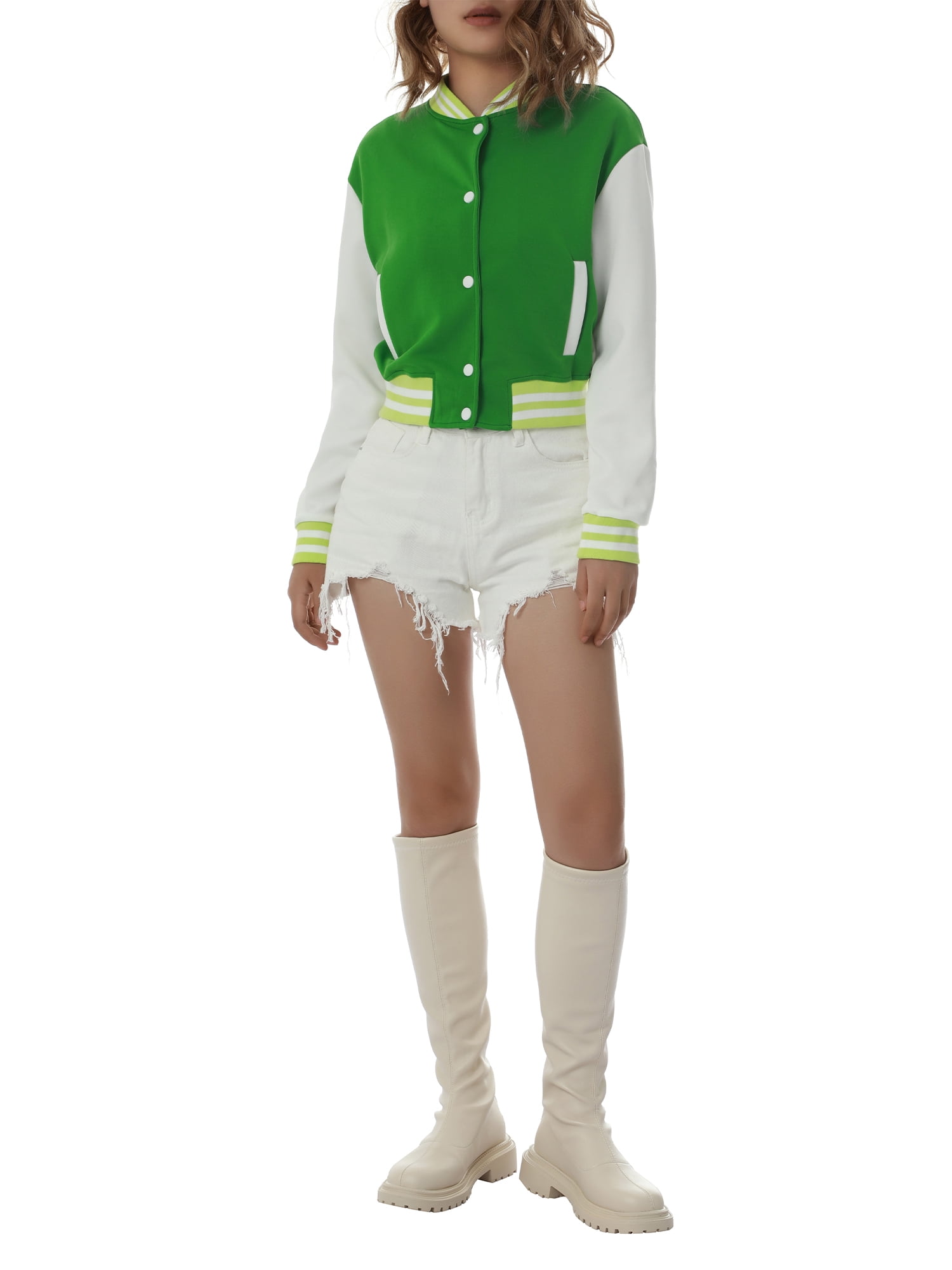 Women Varsity Baseball Jacket Casual Sweatshirt Long Sleeve Colorblock Button Down Cropped Bomber Coat