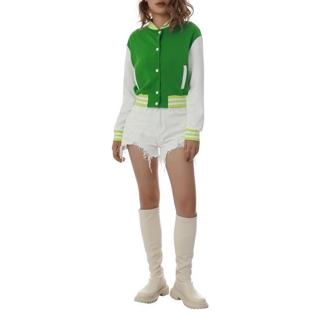 Women Varsity Baseball Jacket Casual Sweatshirt Long Sleeve Colorblock Button Down Cropped Bomber Coat