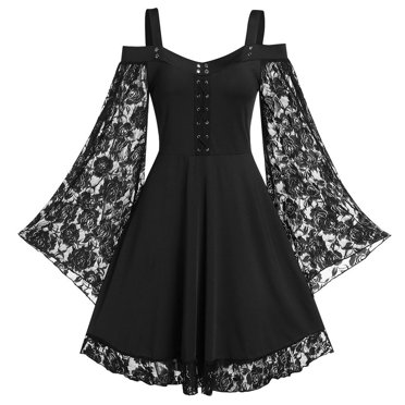 TIMIFIS Gothic Clothes For Women Women's Sleeveless Gothic Dress with Corset Halter Lace Swing Cocktail Dress Formal Halloween Punk Hippie Dresses Halloween Costumes For Women