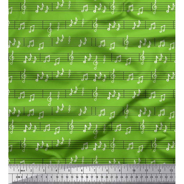 Soimoi Green Rayon Fabric Notes Musical Instrument Print Fabric by the Yard 42 Inch Wide