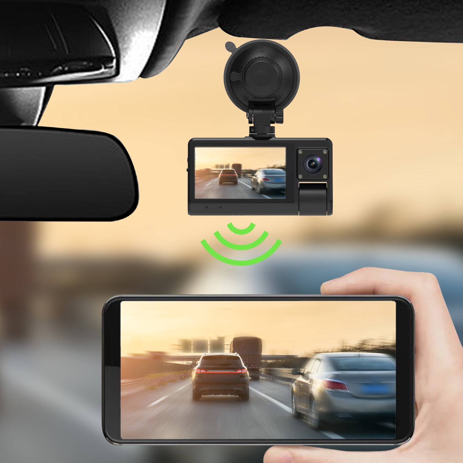 Tunhigl Dash Cam Front Inside And Rear 1080P HD Touching Screen Dash Camera For Cars With WDR Night Vision Wide Parking Monitor Loop Recording APP