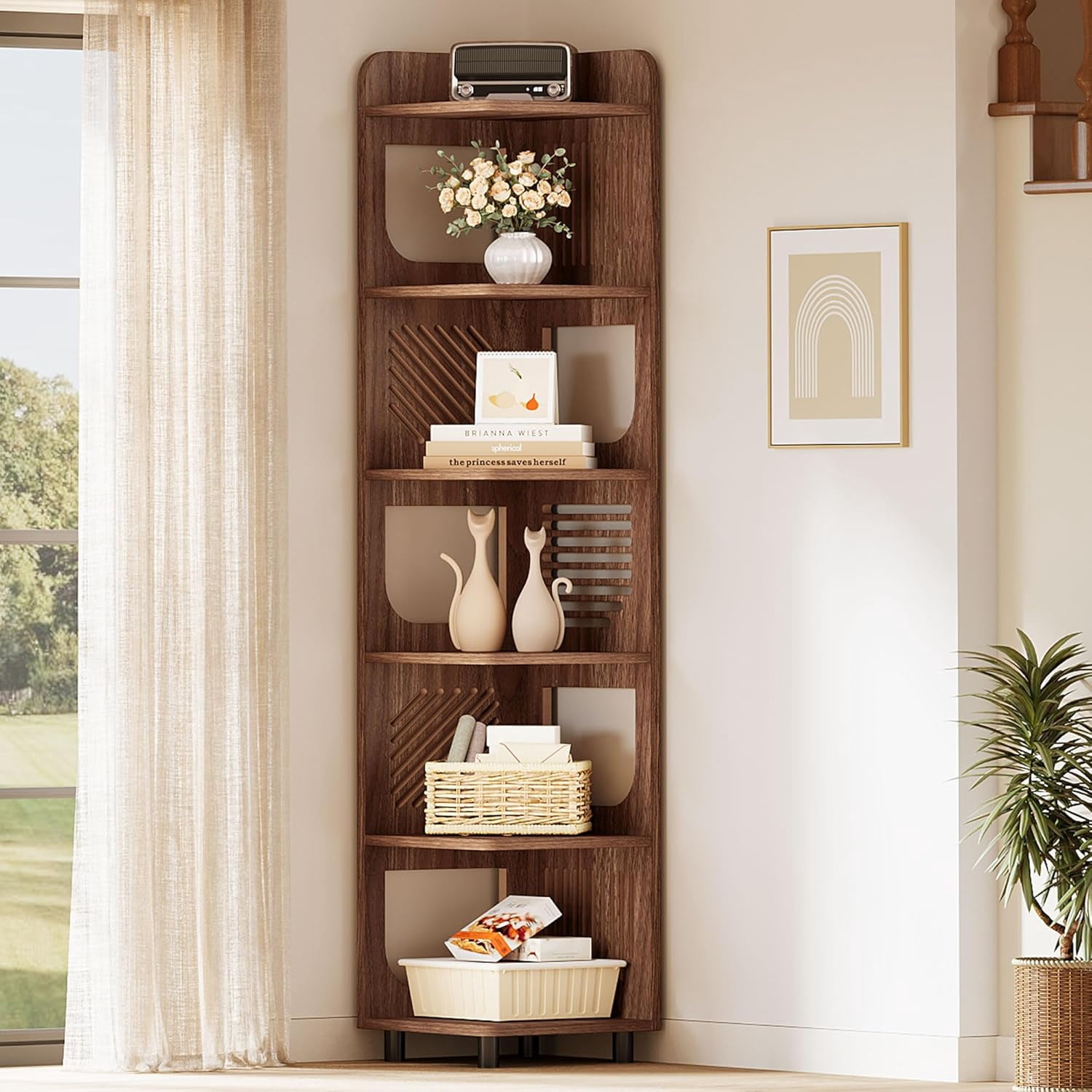71-Inch Narrow Corner Bookcase with Square Rack, 6-Tier Tall Corner Shelf, Freestanding Corner Display Storage Shelf