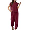 thumbnail image 1 of Tenues pour Femmes Été Ensembles 2 Pcs pour Femmes Ensemble de Vêtements Femme Col Rond Manches Courtes Hauts Pantalons Ensembles Style Pantalon Décontracté S_448 Survêtements pour Femmes Bourgogne m, 1 of 6