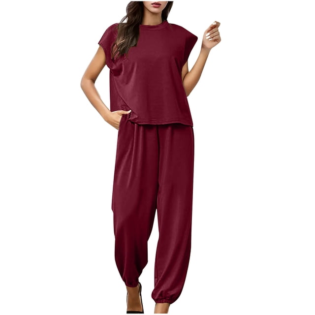 Tenues pour Femmes Été Ensembles 2 Pcs pour Femmes Ensemble de Vêtements Femme Col Rond Manches Courtes Hauts Pantalons Ensembles Style Pantalon Décontracté S_448 Survêtements pour Femmes Bourgogne m