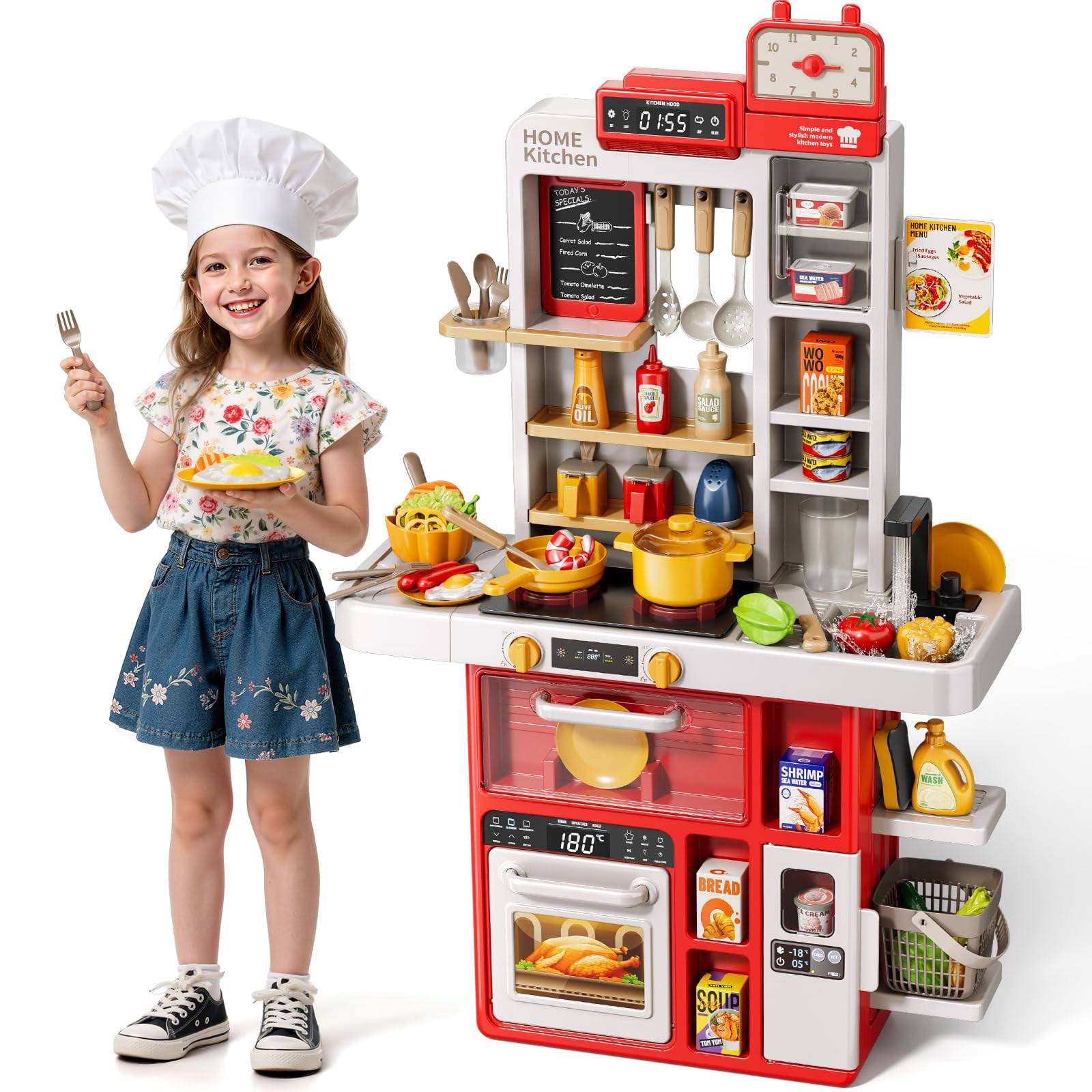KIZONLY Kids Kitchen Set, 88PCS Play Kitchen Set for Toddlers 3-5, Cooking Stove,Toys Accessories with Light and Sound, Pretend Kitchen Toys Birthday