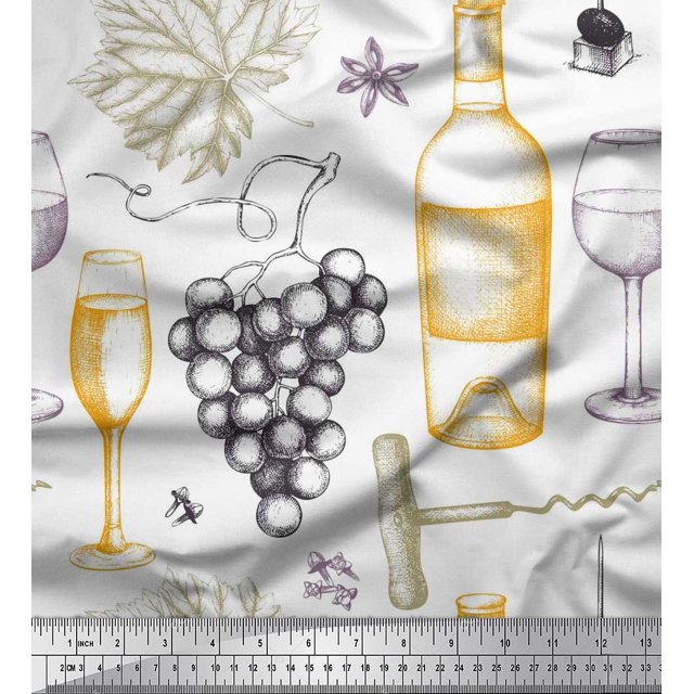 Soimoi Poly Georgette Fabric Grapes,Wine Glass & Bottle Fabric Prints By Yard 52 Inch Wide