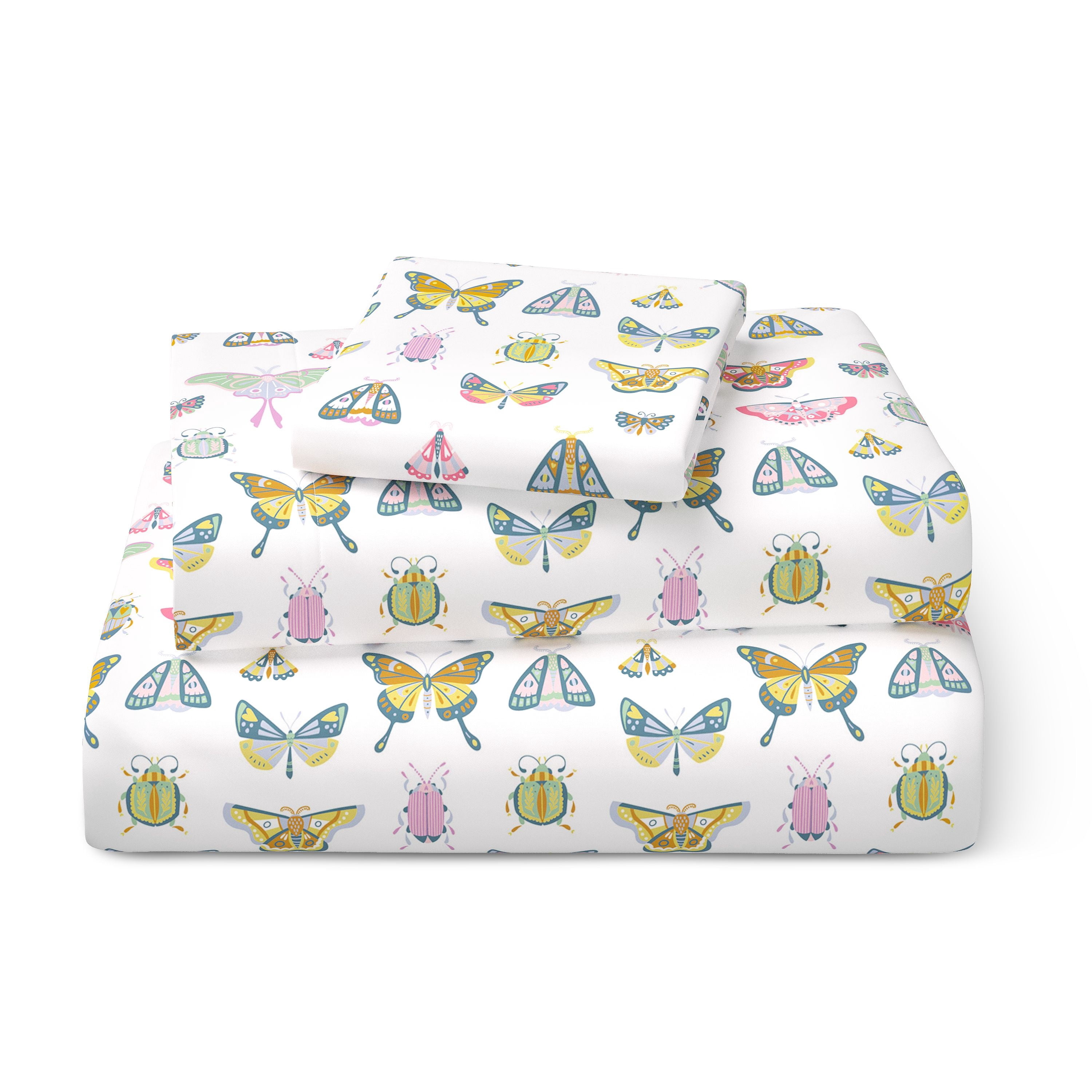 Mainstays Kids Microfiber Bed Sheet Set, Queen, Butterfly, 4 Pieces