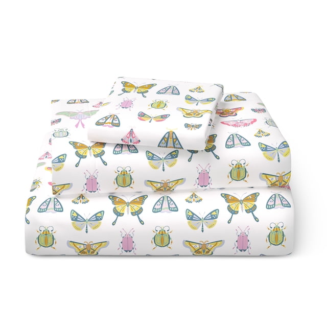 Mainstays Kids Microfiber Bed Sheet Set, Twin, Butterfly, 3 Pieces