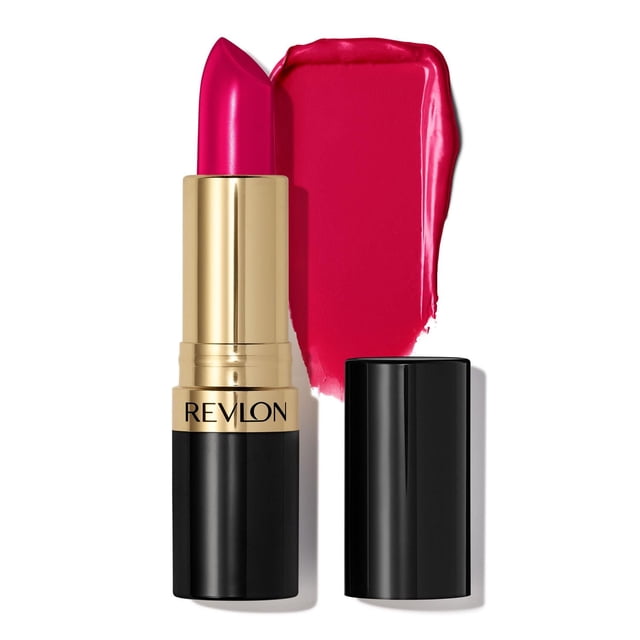 Revlon Super Lustrous Rouge à Lèvres Nacré, Formule Crémeuse, 4,2 g en Rose Vif avec tube Noir et Or, Montré avec du Rouge à Lèvres Allongé et un Éclat de Fini Nacré Crémeux derrière sur du Blanc, Idéal pour des Couleurs Riches et des Lèvres Douces à l'Apparence Plus Fournie.