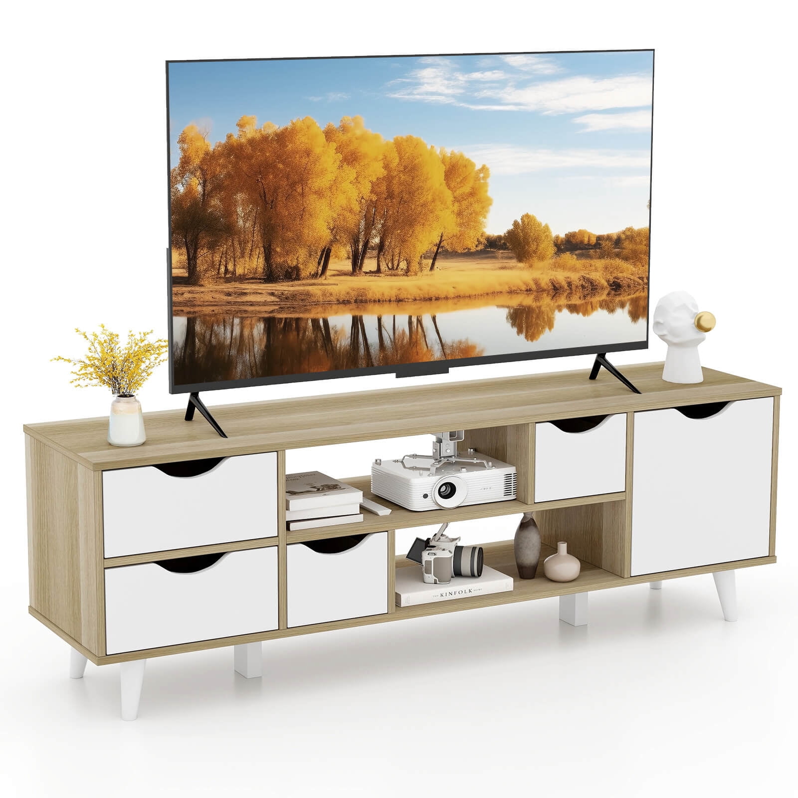 Costway Support TV pour téléviseurs jusqu'à 55 po avec rangement, 4 tiroirs et 2 étagères ouvertes pour chambre