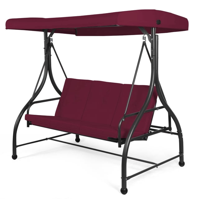 Costway Hamac de Balancelle d'Extérieur Convertible avec Tissu Rouge Vin et Cadre en Acier Noir, Doté de Trois Sièges et d'Un Auvent Pare-Soleil. la Balancelle Mesure 72 Pouces par 44 Pouces par 70 Pouces et Supporte jusqu'à 750 Lb. Elle a des Coussins Amovibles et un Dossier Réglable Qui Se Convertit en Lit Plat. Idéal pour les patios, les porches, les Jardins et la Détente au Bord de la Piscine.