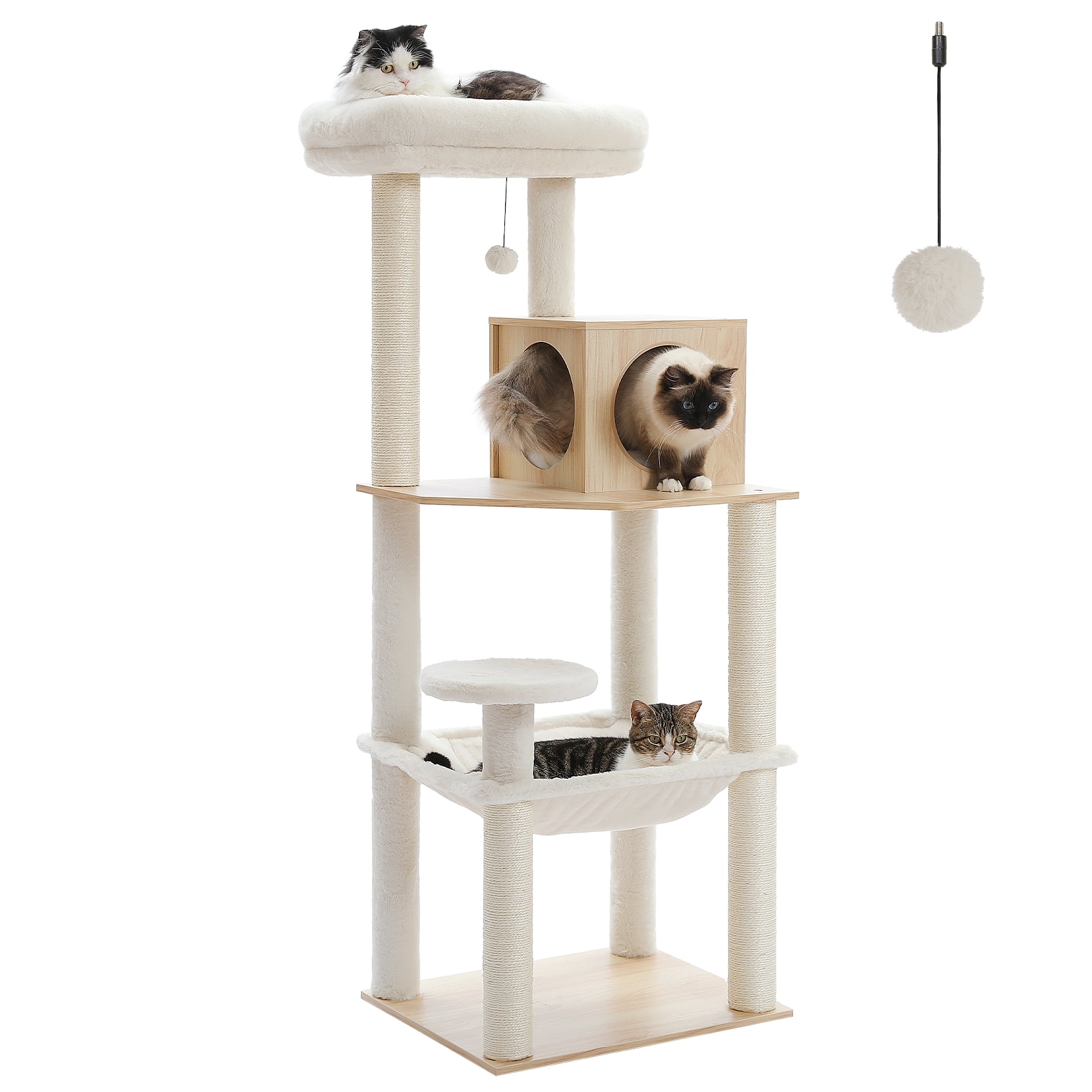 PAWZ Road 56.3" Wooden Cat Tree with Big Hammock and Wood Condo Cat Tower for Indoor Cats Beige