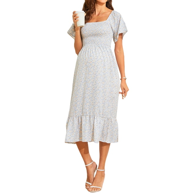 ZAXARRA Robe pour Femme Enceinte, Robe de Maternité en Mousseline à Imprimé floral avec Encolure Carrée et Manches Courtes. la Robe Mi-Longue Respirante et Douce pour la Peau Présente une Taille Froncée et un Ourlet à Volants, Idéale pour les Tenues Décontractées d'Été, les Séances Photo de Maternité, les baby showers Ou comme Tenue de Détente Confortable.