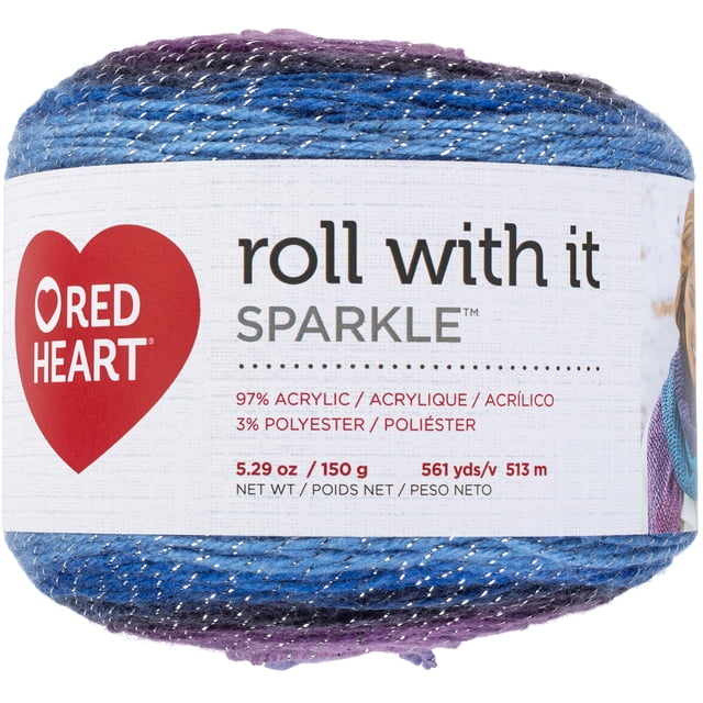 Red Heart® Roll With It Sparkle™ Yarn, acrylic #4 medium weight, 5.3oz/150g, 561 yards, self-striping with metallic silver sparkle in blue and purple shades, ideal for knitting, crochet, and decorative crafts.
