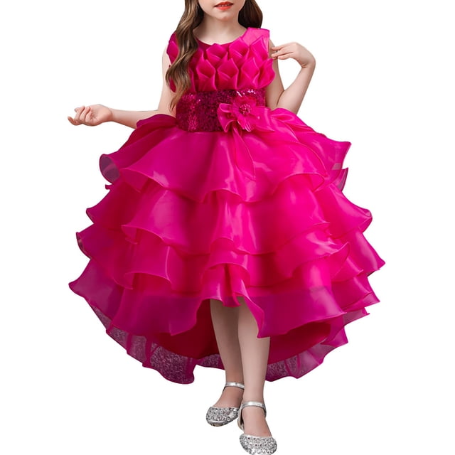 XDZJLR Girl Dresses Children'S Solid Color Irregular Mesh Lace Knee Length Trailing Wedding Puffy Princess Clothing