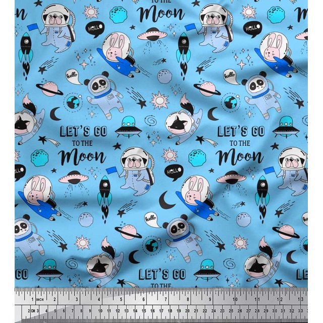 Soimoi Poly Georgette Fabric Planet,Rocket & Astronaut Animals Cartoon Print Fabric by Yard 42 Inch Wide