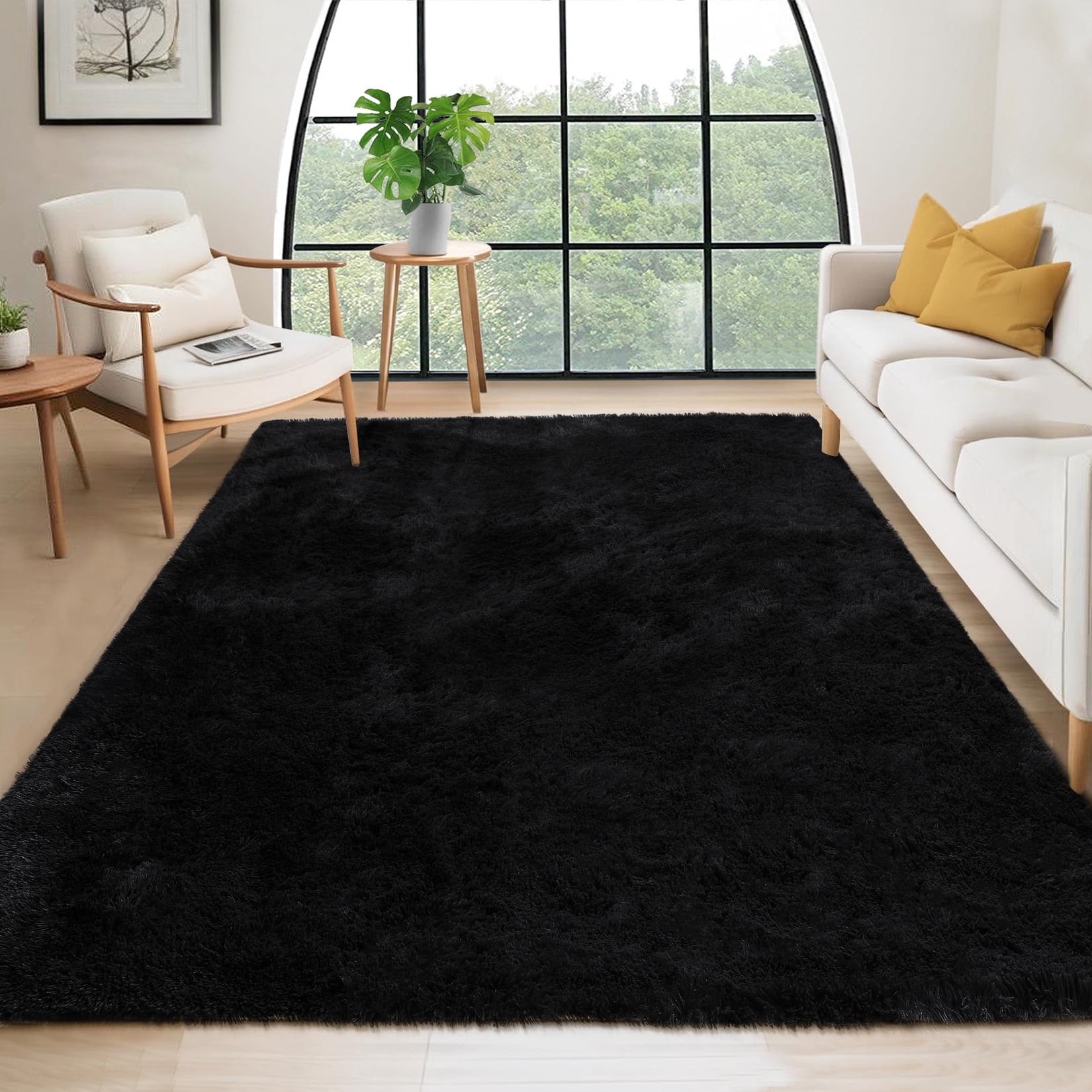 Hasoo 5' x 8' Fluffy Shaggy Soft Area Rug for Living Room Dorm Home Decor Aesthetic, Black