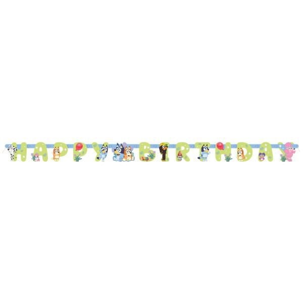 Bluey Jointed Banner spelling 'Happy Birthday' in light green letters with Bluey cartoon characters on each letter, measuring 6 feet long, designed for birthday party decorations to hang across doorways, windows, or walls, and suitable for combining with balloons and streamers to enhance the celebration.