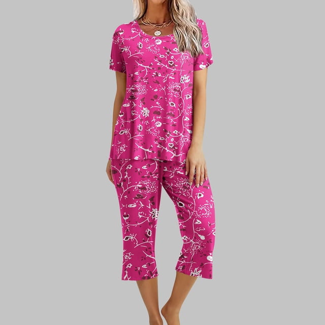 Ensemble de Pyjama pour Femmes à Col Rond Imprimé, Manches Courtes, Chemise de Nuit et Pantalon, Tenue d'Intérieur avec Poches