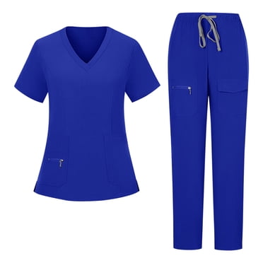 Amzcrzy Ensemble de Sarraus pour Femmes Col en V Manches Courtes Hauts de Sarrau Taille Élastique Pantalon à Cordon Tenue de Travail Couleur Unie Uniforme de Travail avec Poches