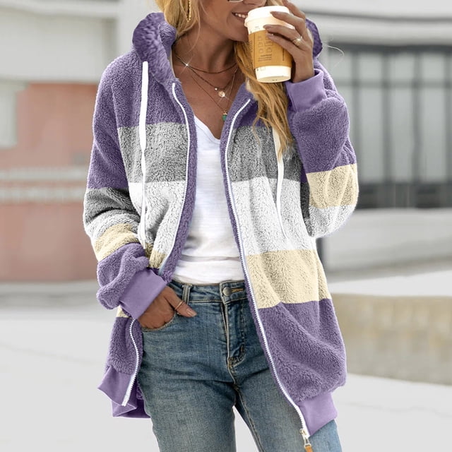 zanvin Womens Winter Fuzzy Fleece Jacket Hooded Color Block Patchwork Cardigan Drawstring Coat Oversized Outerwear with Pockets,Purple