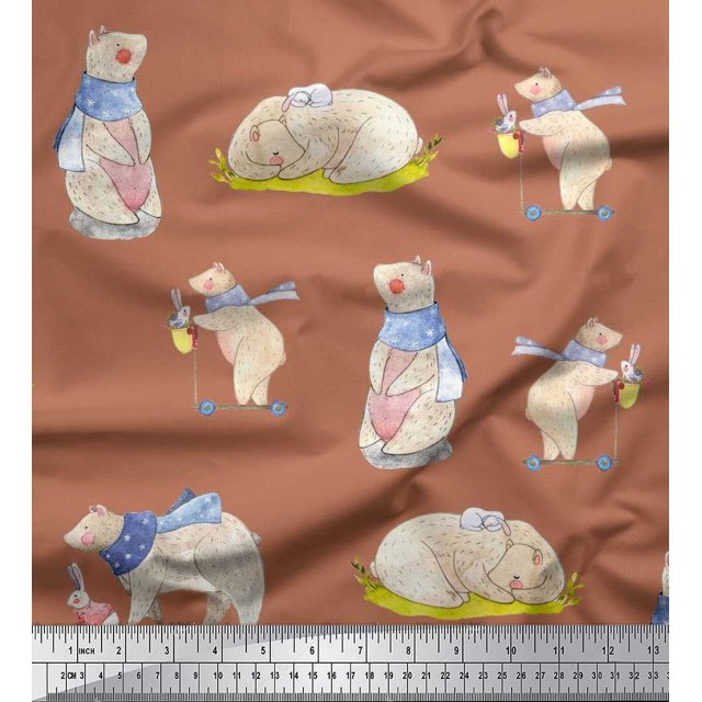 Soimoi Cotton Duck Fabric Cycle,Rabbit & Bear Kids Decor Fabric Printed Yard 42 Inch Wide
