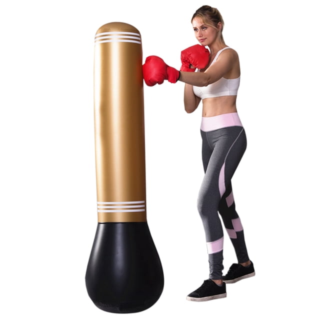 Fitness Punching Bag Inflatable Heavy Punching Bag Punching Tower Bag for Adult made of durable golden and black PVC material, with an inflatable height of 1.5m (4.92ft). Ideal for exercise, stress relief, and improving coordination. A woman in workout attire and red boxing gloves is shown punching the bag in a fitness setting.