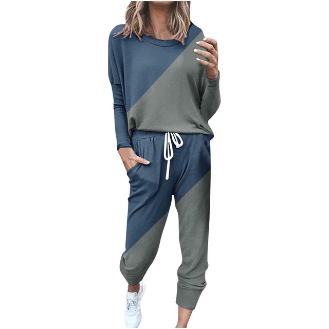 CHOK Womens Sport Set Long Sleeve Patchwork Color with Loose Cozy Petite Sweatpant Trendy Fall Winter Suits (X-Large Pink)