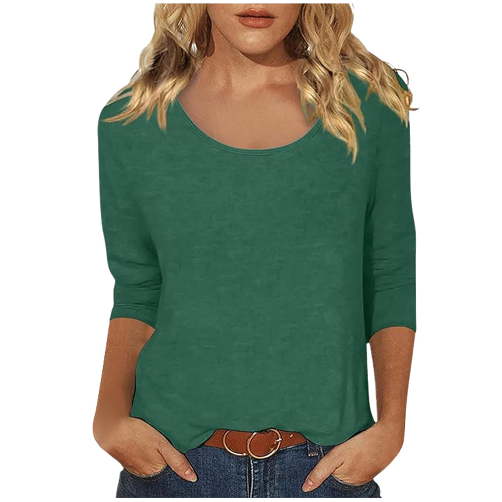 Hiiyo T-Shirt à Manches 3/4 pour Femme à Col Rond, T-Shirt Décontracté Uni, Vert Foncé m