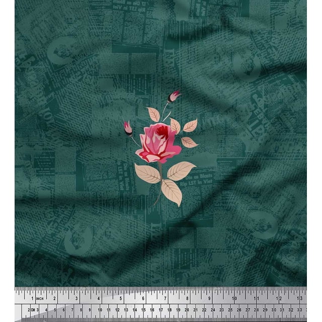 Soimoi Poly Georgette Fabric Texture,Leaves & Rose Flower Printed Craft Fabric by the Yard 42 Inch Wide